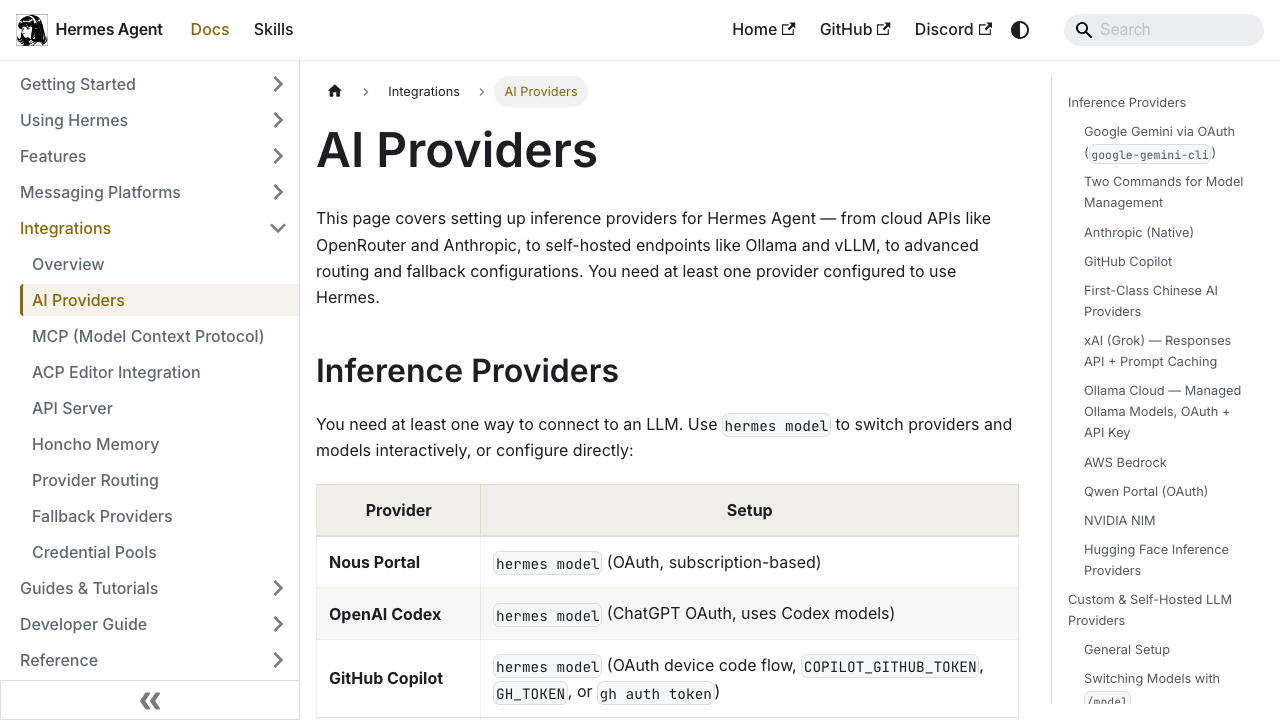 Official Hermes Agent AI providers page screenshot