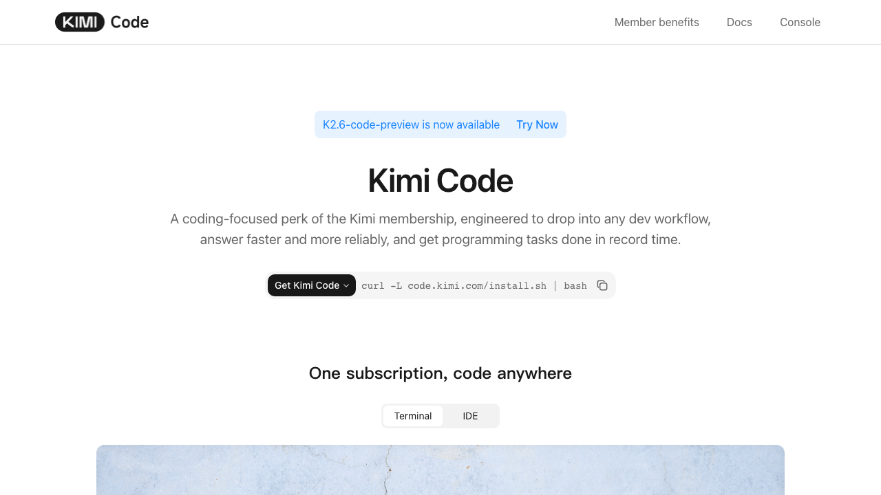 Official Kimi Code landing page screenshot