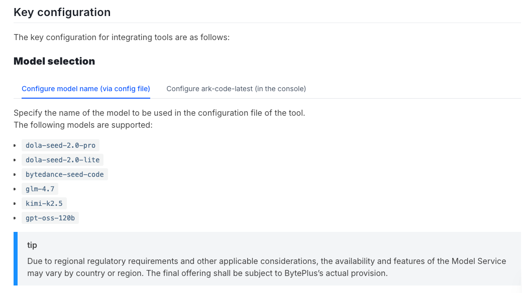 Volcengine Ark international BytePlus supported models